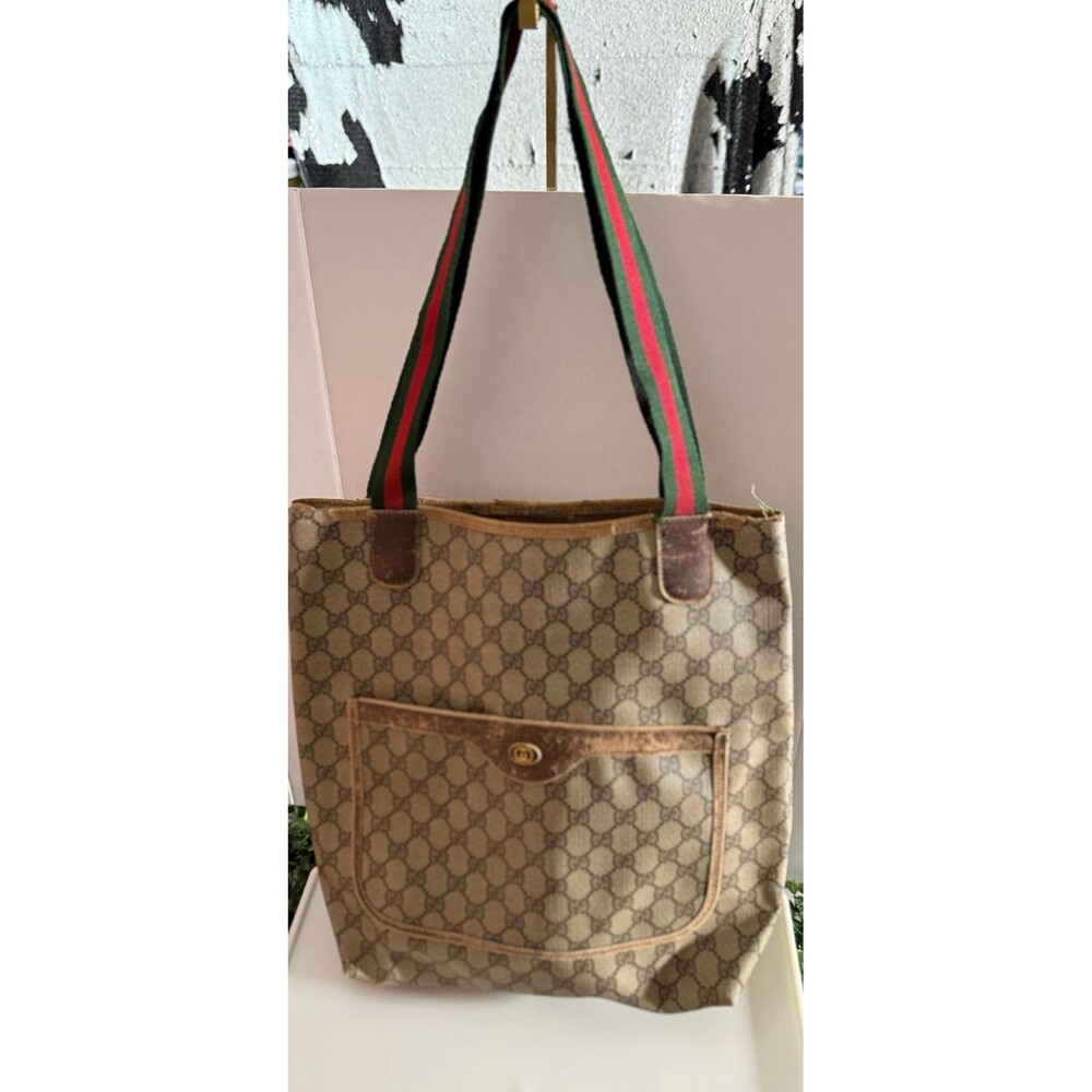 Gucci Vintage GG Monogram Canvas Tote Bag Green Red Web Straps - Brown Logo - Picture 1 of 11